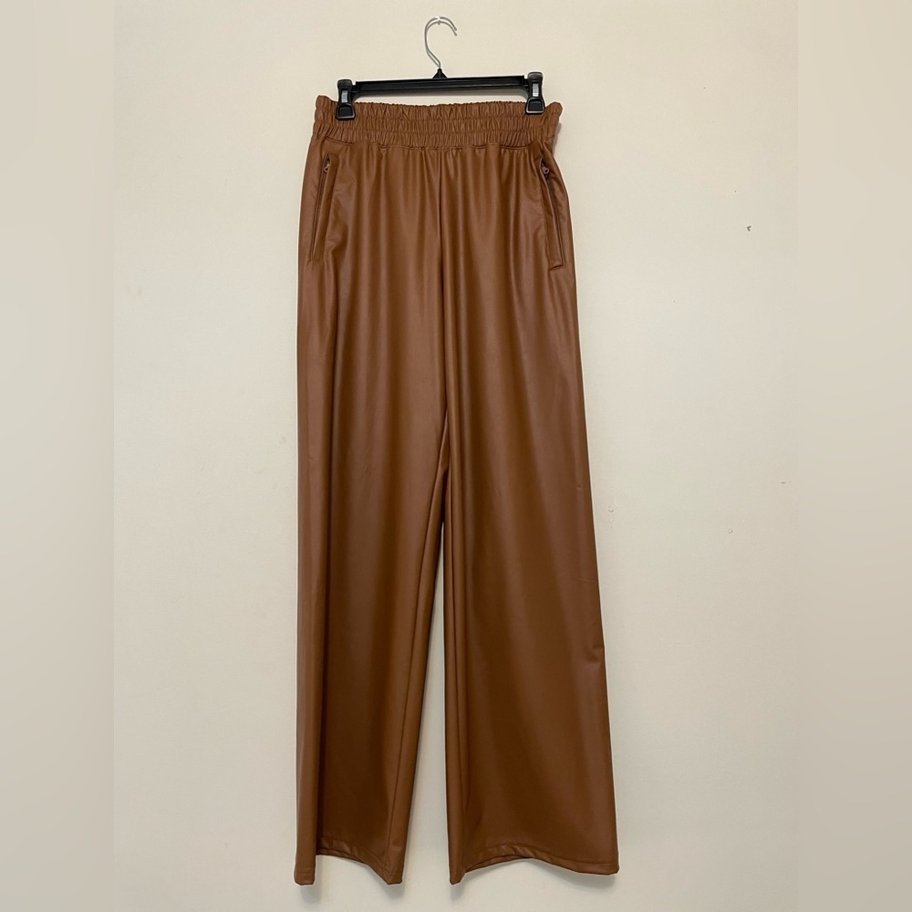 Aerie Offline Tan Brown Faux Leather Wide Leg Pants Size SMALL